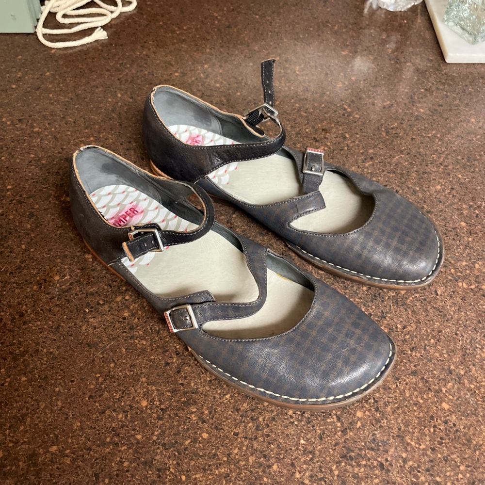 Camper Plaid Leather Mary Jane Flat Comfort Rubber Sole Shoe Size US7.5 EU38